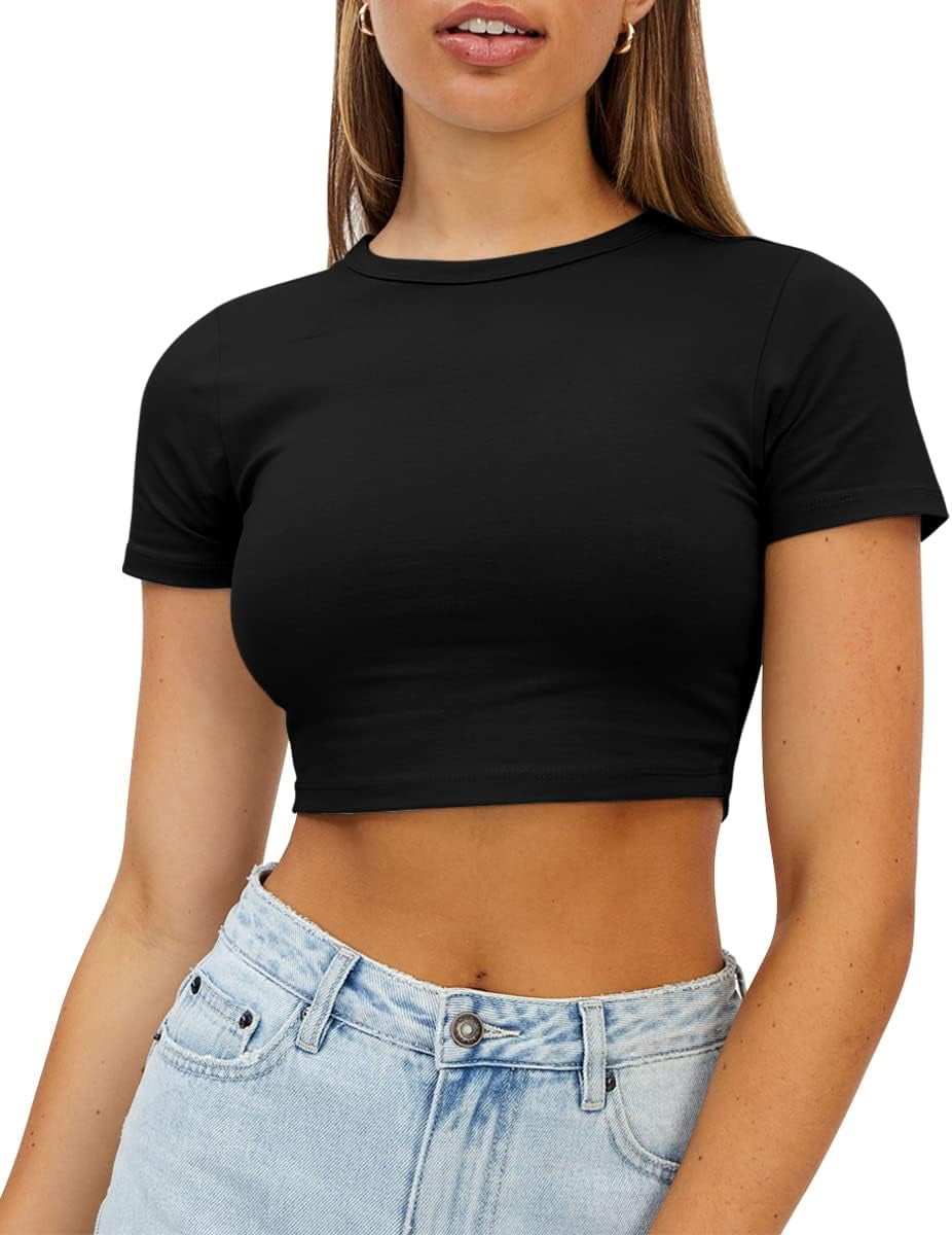 Womens Crop Tops Cute Summer Crew Neck Basic Tees Slim Fit Trendy Short Sleeve T Shirts for Teen Girls 2025